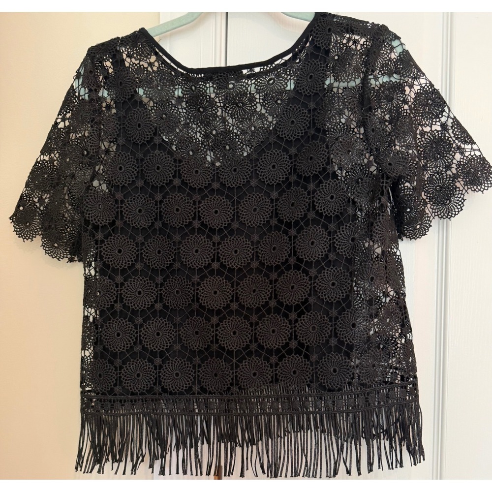 Ella Moss Black Crochet Lace Fringe Hem Top‎ Short Sleeve Boho ET17509 XS